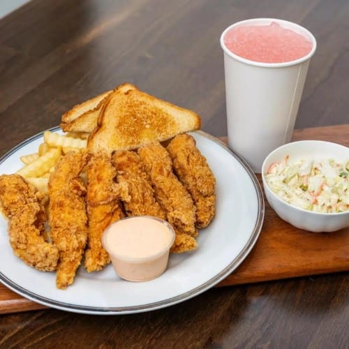 Special Chicken Fingers with Fries, coleslaw & Drink.